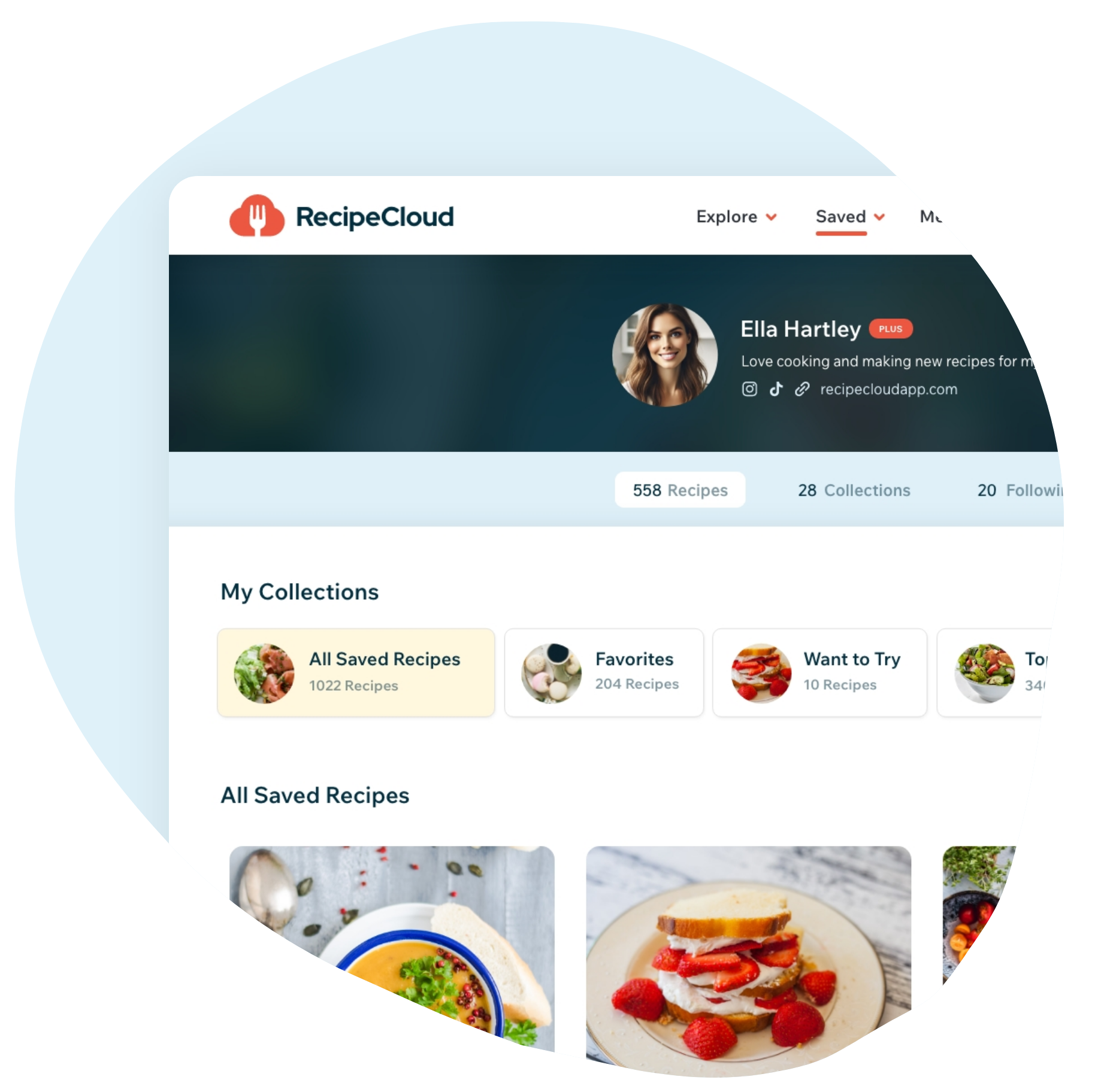 Recipe Cloud web app showing saved recipes organized in collections