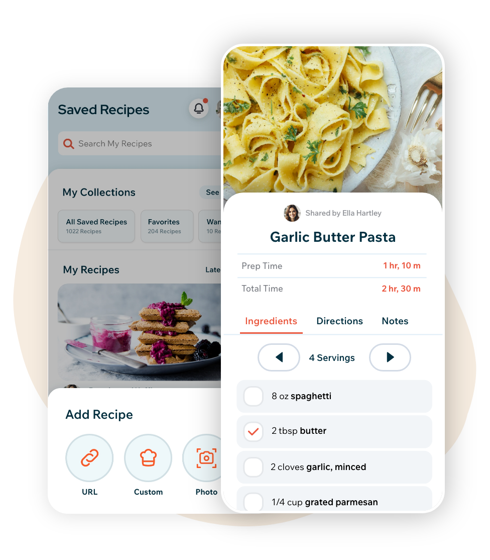 Recipe Cloud iOS app showing ways to add a recipe from URL, photo, or custom entry