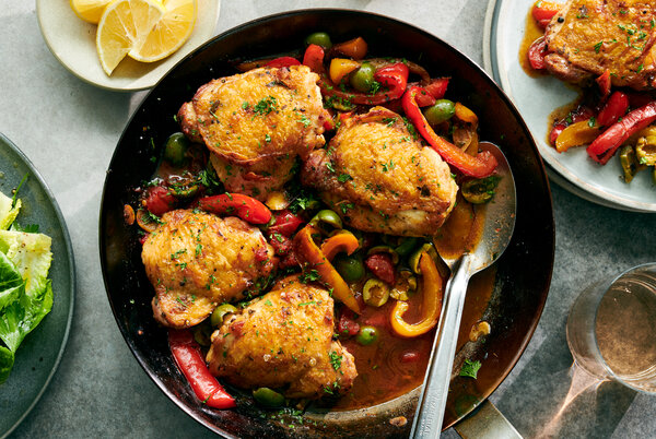 Skillet Chicken With Silky Peppers And Green Olives Recipe | Recipe Cloud App