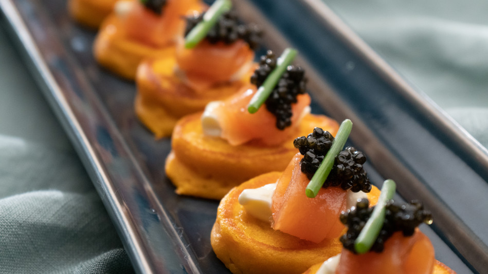 Sweet Potato Blinis With Cured Salmon, Creme Fraiche And Caviar Recipe | Recipe Cloud App