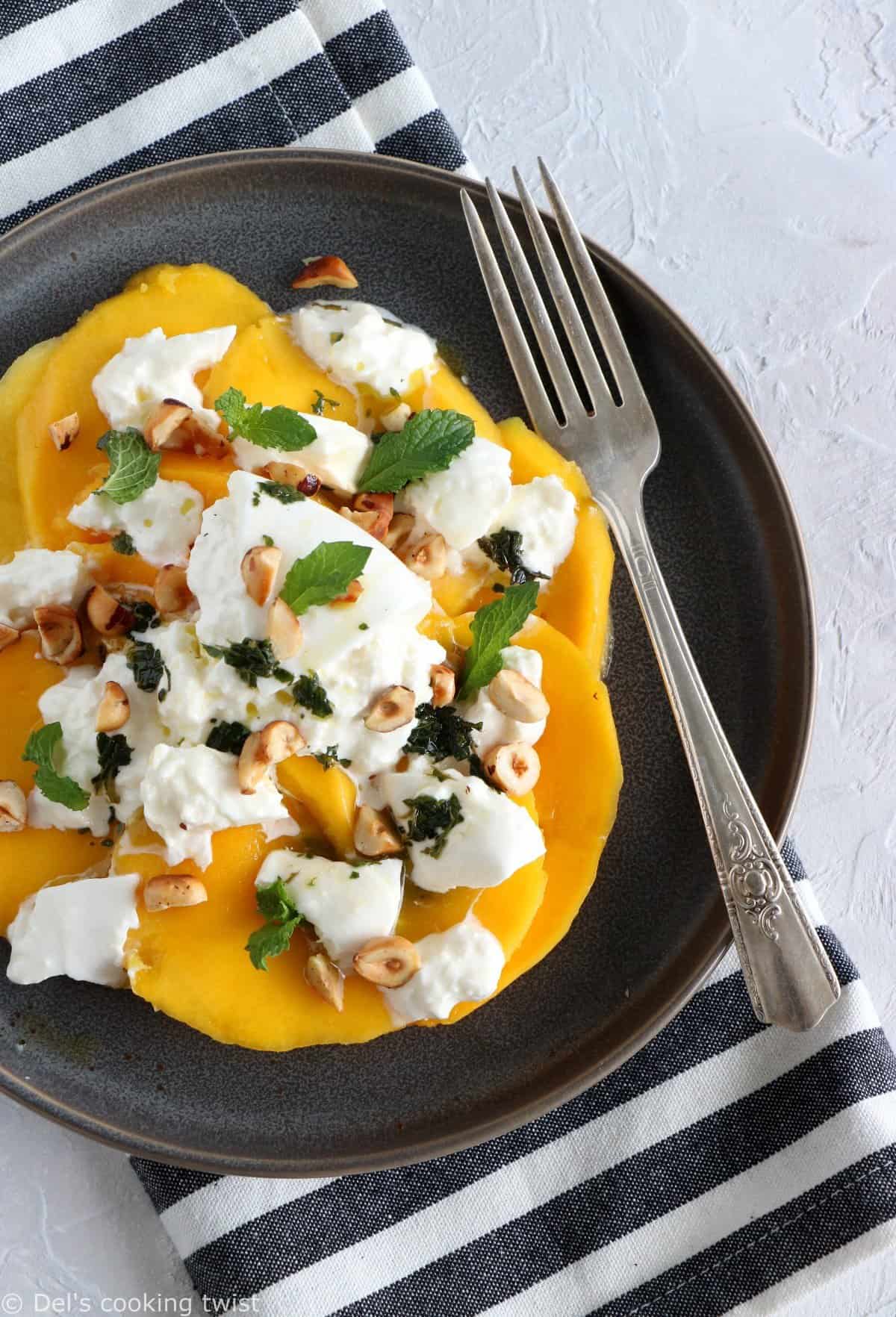 Nutty Mango Burrata Salad with Mint Pesto | Recipe Cloud App