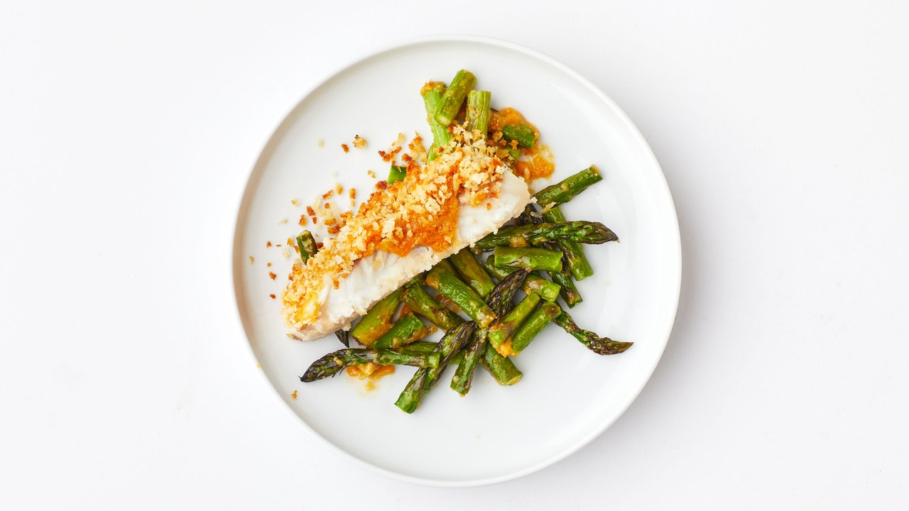 Crispy Miso-Butter Fish With Asparagus | Recipe Cloud App