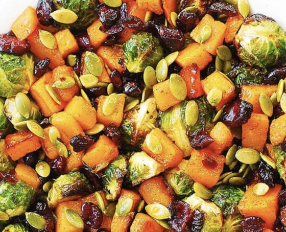 Roasted Brussels Sprouts Salad With Maple Butternut Squash, Pumpkin Seeds, And Cranberries | Recipe 