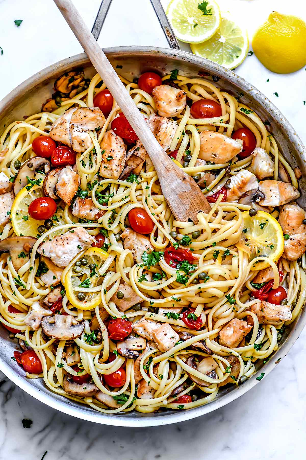 Chicken Piccata Pasta With Tomatoes And Mushrooms| Foodiecrush.Com | Recipe Cloud App