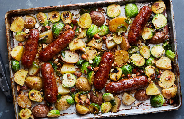 Sheet-Pan Sausages And Brussels Sprouts With Honey Mustard Recipe | Recipe Cloud App