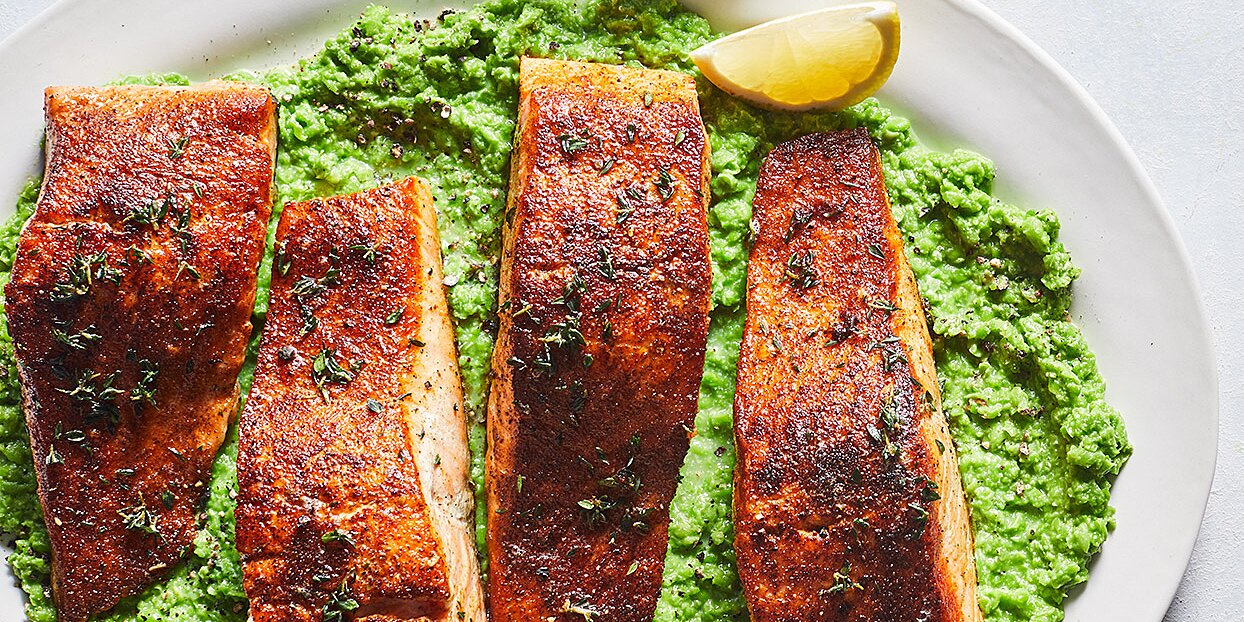 Old Bay Salmon with Lemony Mashed Peas | Recipe Cloud App