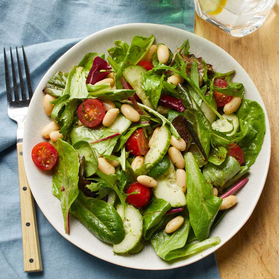 Tomato, Cucumber & White-Bean Salad with Basil Vinaigrette | Recipe Cloud App