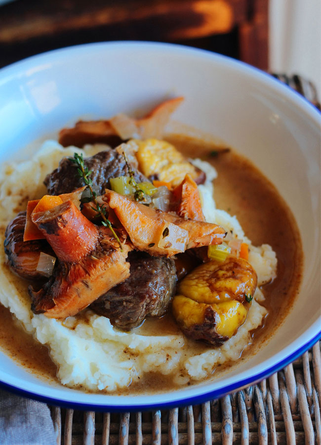 Venison braised in verjuice with chestnuts and pine mushrooms | Recipe Cloud App