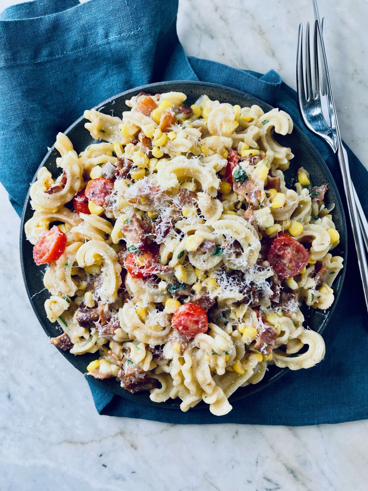 Cascatelli with Bacon, Corn, and Tomatoes by Sfoglini Pasta | Recipe Cloud App