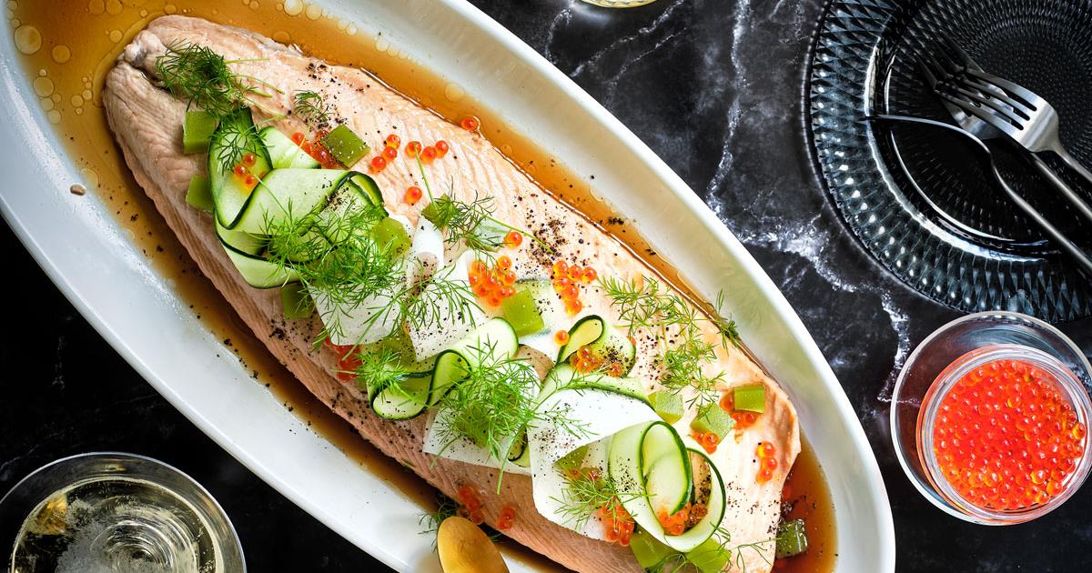 Sake-Poached Salmon With Pickled Cucumbers And Yuzu-Wasabi Jelly Recipe | Recipe Cloud App