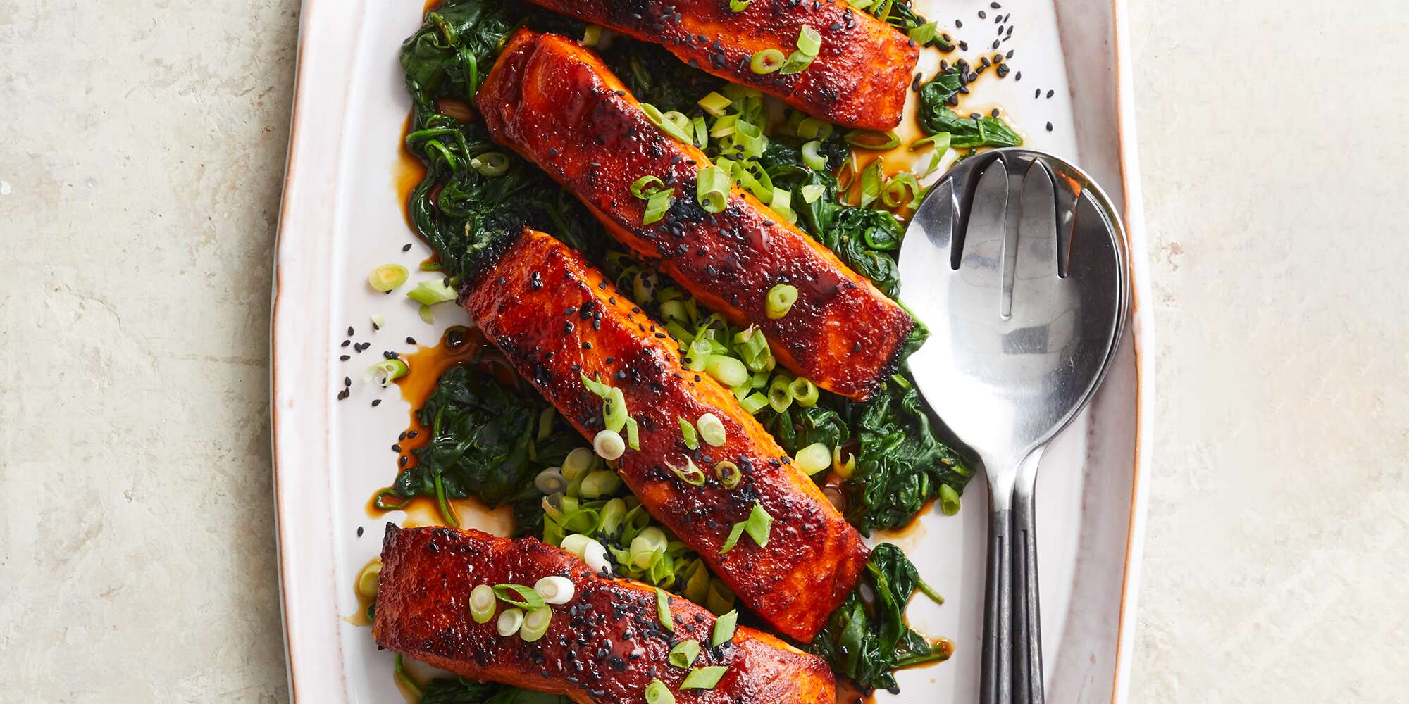 Gochujang-Glazed Salmon with Garlic Spinach | Recipe Cloud App