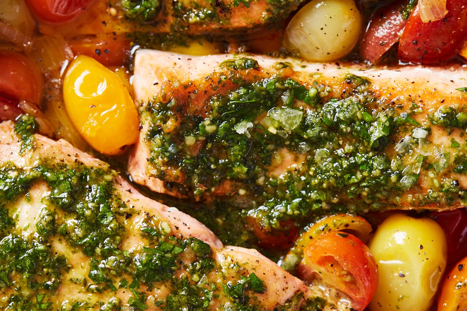 Pesto Salmon with Burst Tomatoes Proves Simple Can Be Delicious | Recipe Cloud App