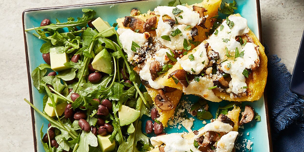 Polenta Pizza with Mushrooms & Arugula Salad | Recipe Cloud App