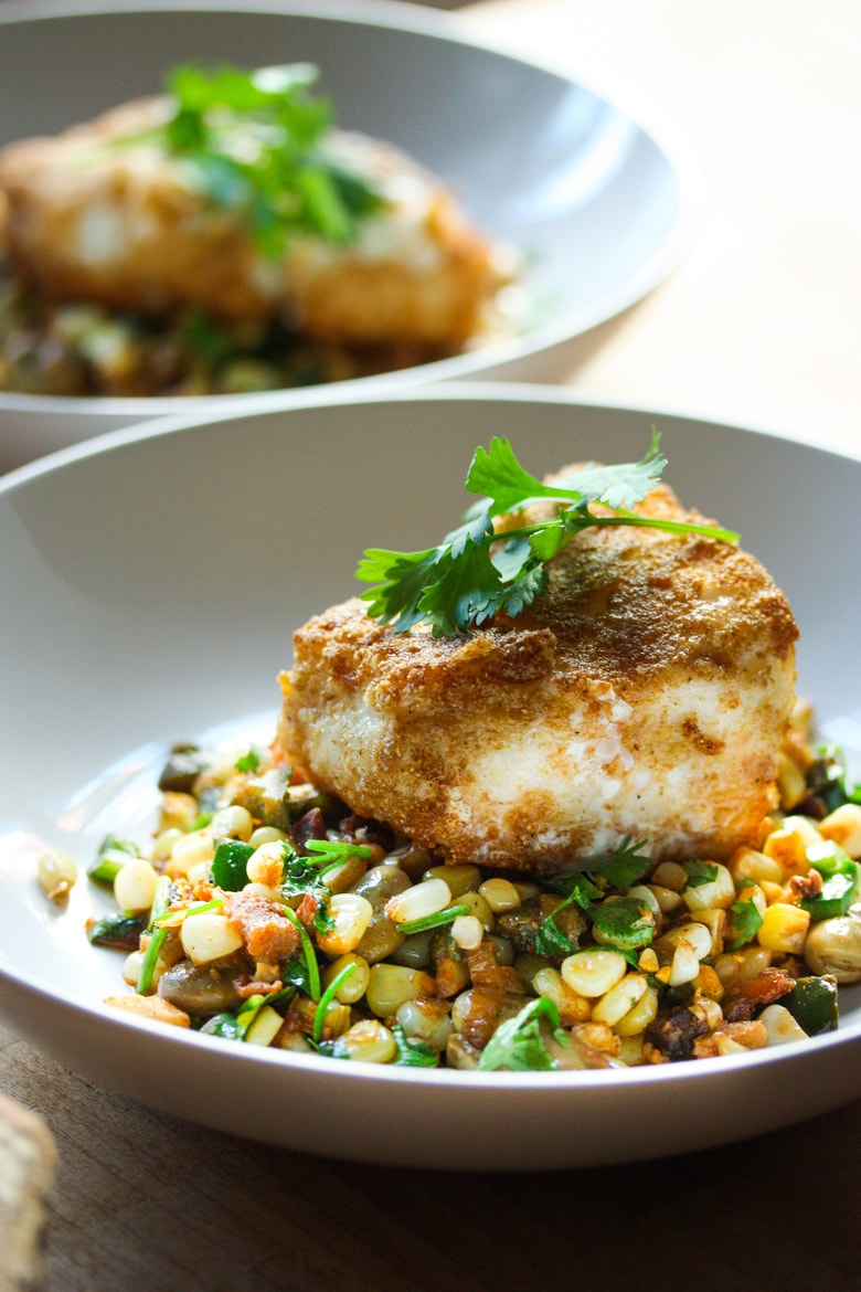 Cornmeal Crusted Halibut with Summer Succotash | Recipe Cloud App